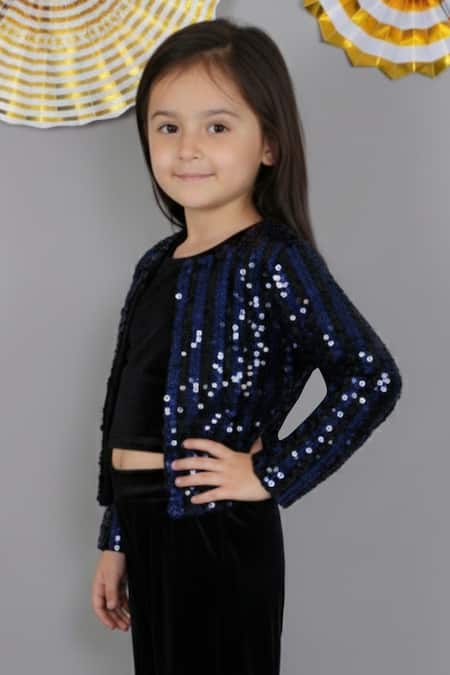 Buy_Lil Drama_Navy Velvet Sequins Striped Jacket _Online_at_Aza_Fashions