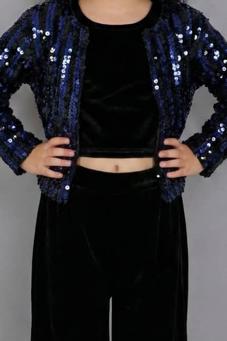 Lil Drama_Navy Velvet Sequins Jacket And Pant Set _Online_at_Aza_Fashions