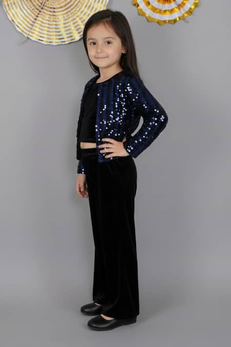 Lil Drama_Navy Velvet Sequins Jacket And Pant Set _at_Aza_Fashions