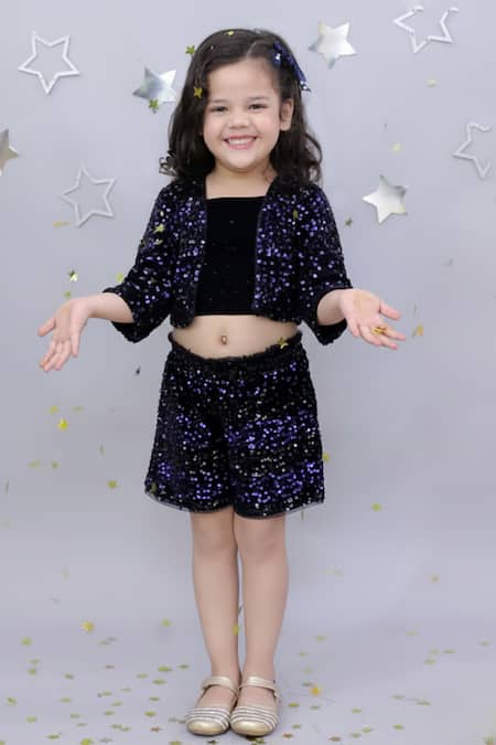 Lil Drama_Navy Velvet Sequins Embellished Jacket And Shorts Set _at_Aza_Fashions