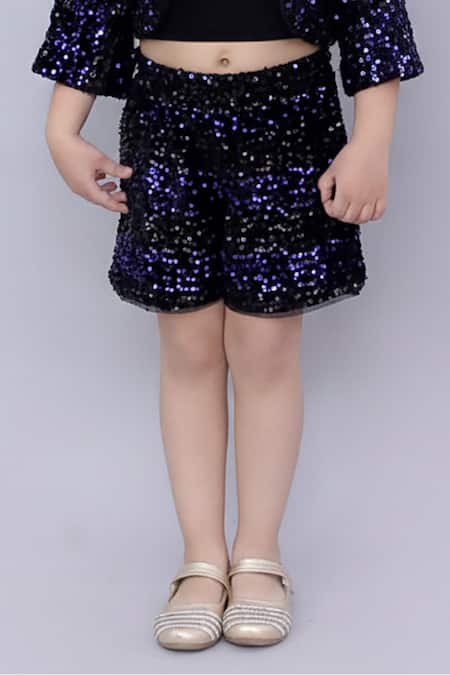 Lil Drama_Navy Velvet Sequins Jacket And Shorts Set _Online_at_Aza_Fashions
