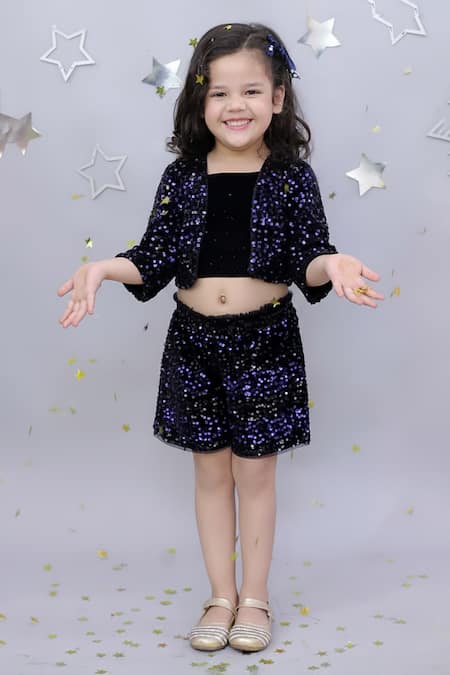 Buy_Lil Drama_Navy Velvet Sequins Jacket And Shorts Set 