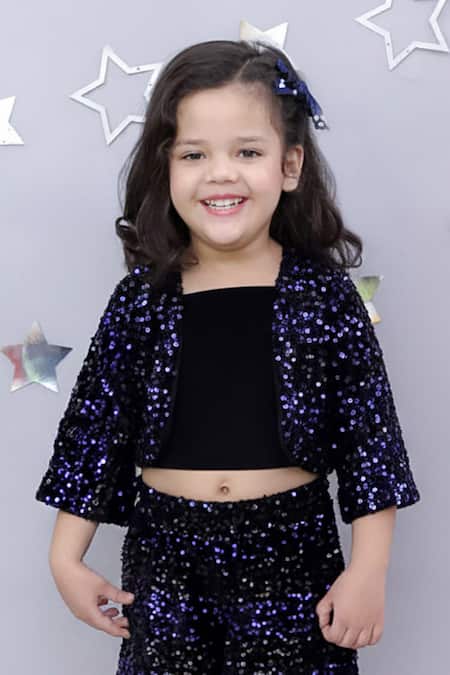 Shop_Lil Drama_Navy Velvet Sequins Jacket And Shorts Set 