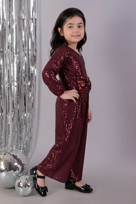 Buy_Lil Drama_Maroon Polyester Sequins, Bows Asymmetric One Shoulder Jumpsuit _Online_at_Aza_Fashions