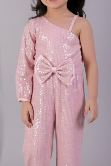 Lil Drama_Pink Polyester Sequins, Bows One Shoulder Jumpsuit _Online_at_Aza_Fashions