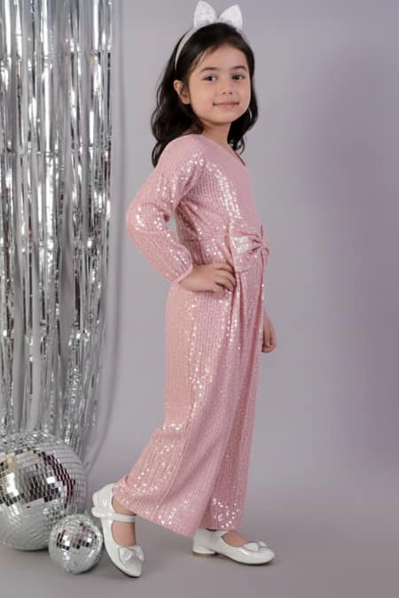 Buy_Lil Drama_Pink Polyester Sequins, Bows One Shoulder Jumpsuit _Online_at_Aza_Fashions