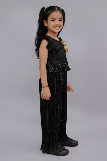 Lil Drama_Black Polyester Fabric Flowers, Foil Printing Star Pleated Top And Pant Set _Online_at_Aza_Fashions