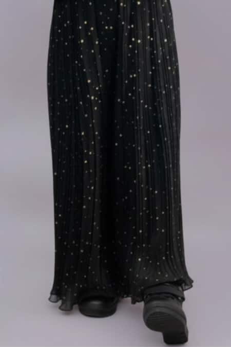 Buy_Lil Drama_Black Polyester Fabric Flowers, Foil Printing Star Pleated Top And Pant Set _Online_at_Aza_Fashions