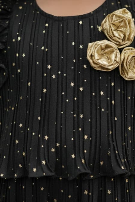 Shop_Lil Drama_Black Polyester Fabric Flowers, Foil Printing Star Pleated Top And Pant Set _Online_at_Aza_Fashions