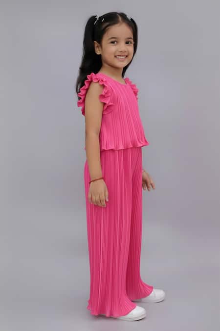 Lil Drama_Pink Polyester Pleated Ruffle Sleeve Top And Wide Leg Pant Set _Online_at_Aza_Fashions