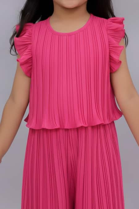 Shop_Lil Drama_Pink Polyester Pleated Ruffle Sleeve Top And Wide Leg Pant Set _Online_at_Aza_Fashions