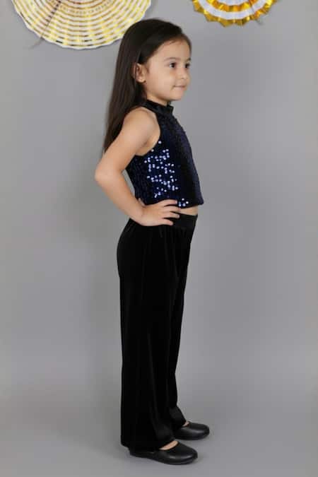 Buy_Lil Drama_Blue Velvet Sequins Halter Neck Top And Pant Set _Online_at_Aza_Fashions