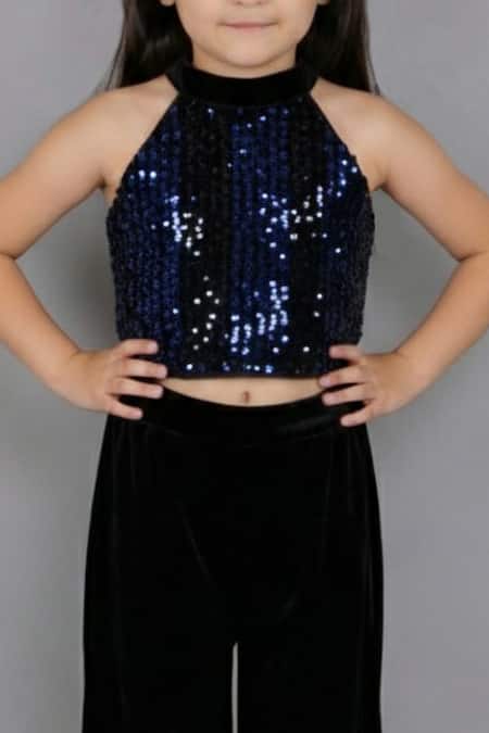 Shop_Lil Drama_Blue Velvet Sequins Halter Neck Top And Pant Set _Online_at_Aza_Fashions