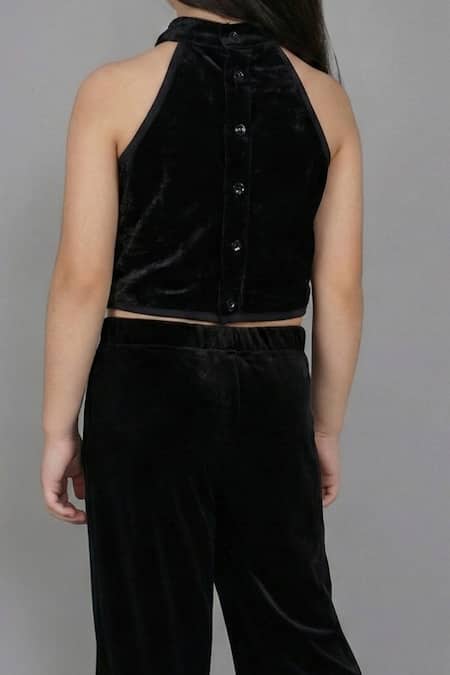 Lil Drama_Blue Velvet Sequins Halter Neck Top And Pant Set _at_Aza_Fashions