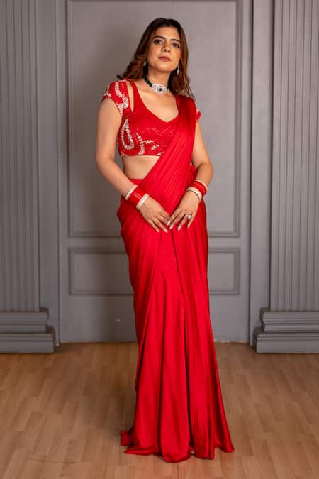 Rirasa_Red Satin Embroidery V-neck Zehra Cutdana Blouse With Saree _Online_at_Aza_Fashions