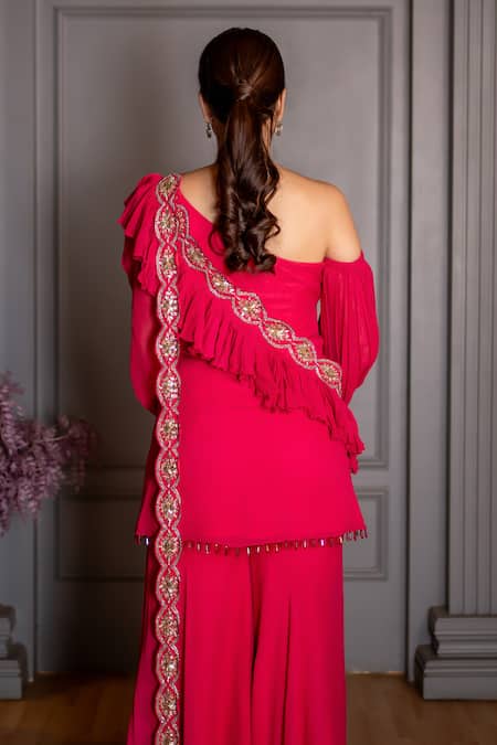 Ritika Verma Off Shoulder Sequin Pearl Cutdana Top Gharara Set 