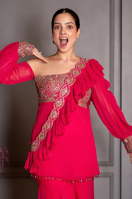 Ritika Verma_Pink Georgette, Shantoon Sequins, Pearls, Beads, Off Cutdana Top Gharara Set _Online_at_Aza_Fashions