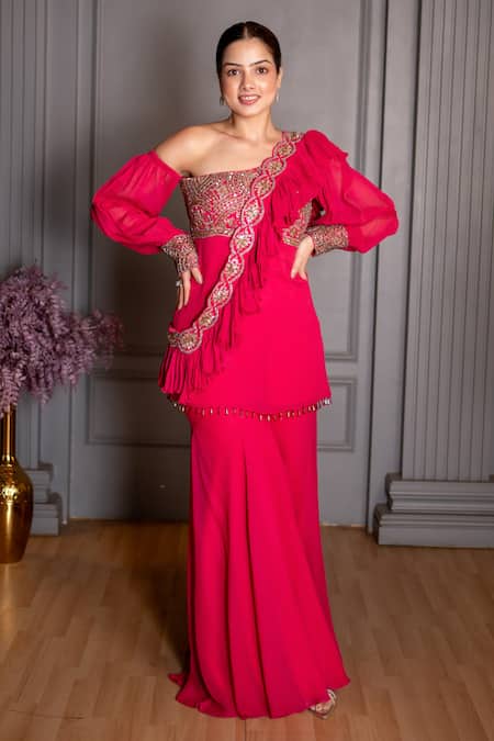 Shop_Ritika Verma_Pink Georgette, Shantoon Sequins, Pearls, Beads, Off Cutdana Top Gharara Set _Online_at_Aza_Fashions