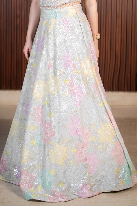 Buy_Rirasa_Blue Georgette, Net Sequins, Pearls, Embroidery, Beads, Afra Floral Lehenga Set _Online_at_Aza_Fashions