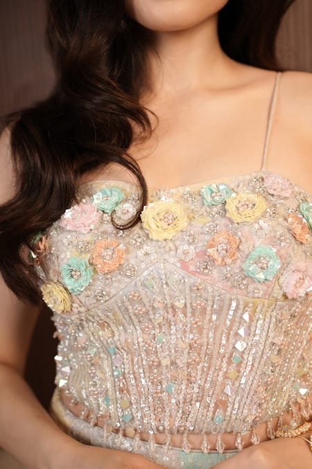 Shop_Rirasa_Blue Georgette, Net Sequins, Pearls, Embroidery, Beads, Afra Floral Lehenga Set _Online_at_Aza_Fashions