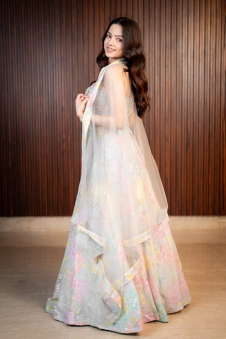 Rirasa_Blue Georgette, Net Sequins, Pearls, Embroidery, Beads, Afra Floral Lehenga Set _at_Aza_Fashions