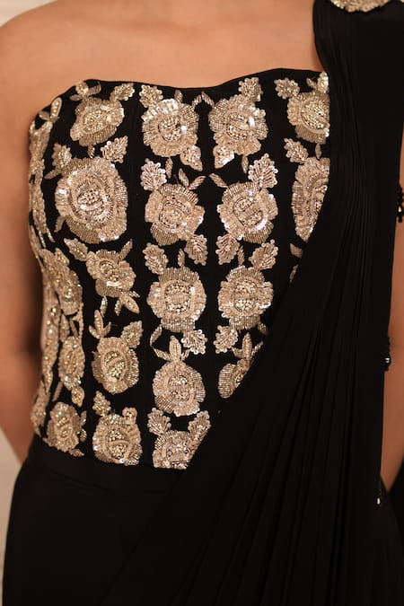 Ritika Verma_Black Crepe Tassels, Amira Floral Embroidered Corset With Pre-draped Saree _Online_at_Aza_Fashions