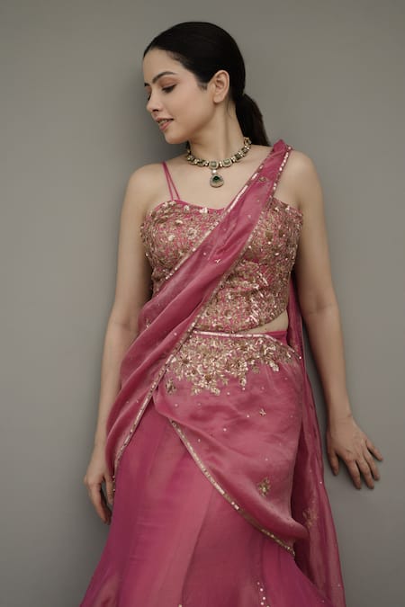 Rirasa_Pink Tissue Sequins, Embroidery, Azra Pre-draped Lehenga Saree With Blouse _Online_at_Aza_Fashions