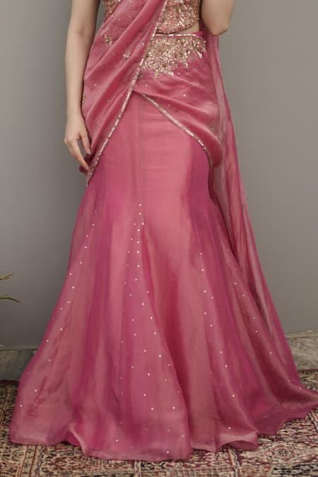 Buy_Rirasa_Pink Tissue Sequins, Embroidery, Azra Pre-draped Lehenga Saree With Blouse _Online_at_Aza_Fashions