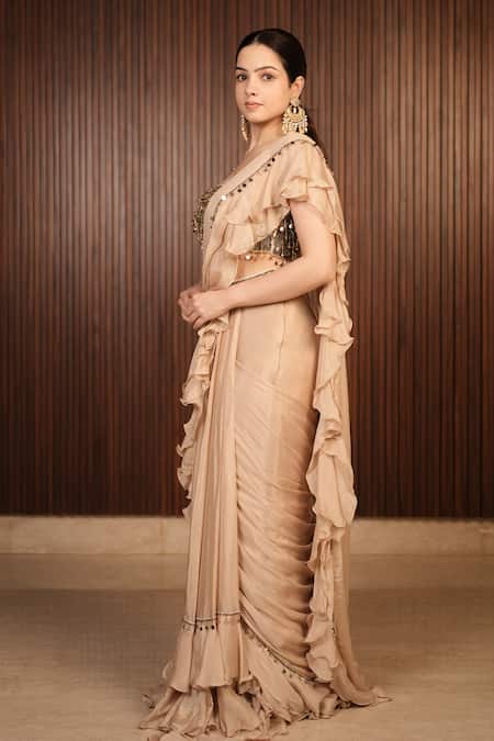Ritika Verma_Beige Chinon, Chiffon Sequins, Safa Embellished Pre-draped Saree With Blouse _Online_at_Aza_Fashions