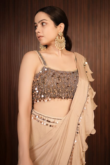 Ritika Verma_Beige Chinon, Chiffon Sequins, Safa Embellished Pre-draped Saree With Blouse _at_Aza_Fashions