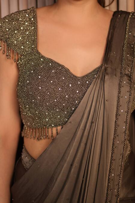 Buy_Rirasa_Grey Satin Sequins, Beads, Sahar Embellished Pre-draped Saree With Blouse _Online_at_Aza_Fashions