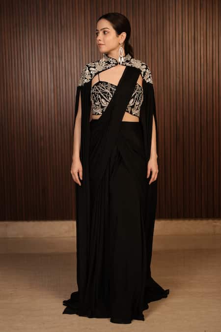 Rirasa_Black Chiffon Beads Sweetheart Nuha Pre-draped Saree Set With Embellished Cape _Online_at_Aza_Fashions