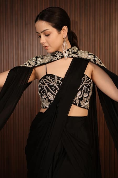 Buy_Rirasa_Black Chiffon Beads Sweetheart Nuha Pre-draped Saree Set With Embellished Cape _Online_at_Aza_Fashions