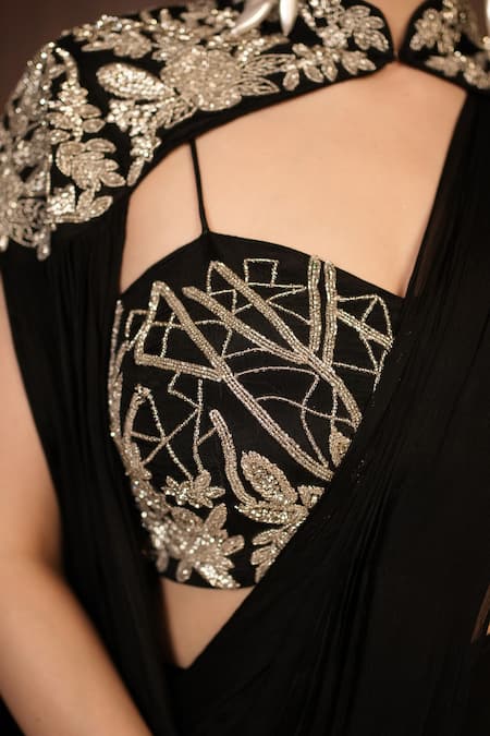 Shop_Rirasa_Black Chiffon Beads Sweetheart Nuha Pre-draped Saree Set With Embellished Cape _Online_at_Aza_Fashions