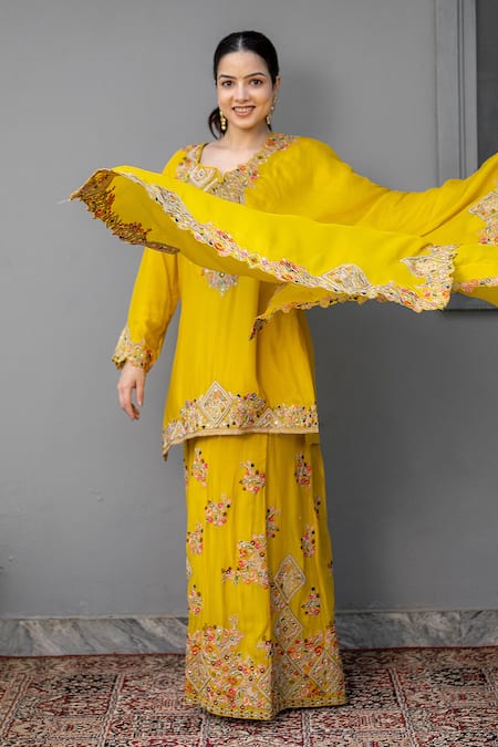 Buy_Rirasa_Yellow Chinon, Chiffon Embroidery, Mirrors Split Manar Resham Kurta Sharara Set _Online_at_Aza_Fashions