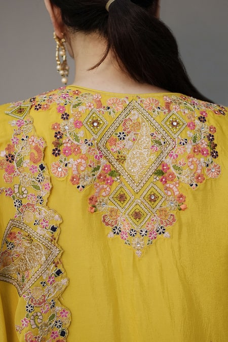 Shop_Rirasa_Yellow Chinon, Chiffon Embroidery, Mirrors Split Manar Resham Kurta Sharara Set _Online_at_Aza_Fashions