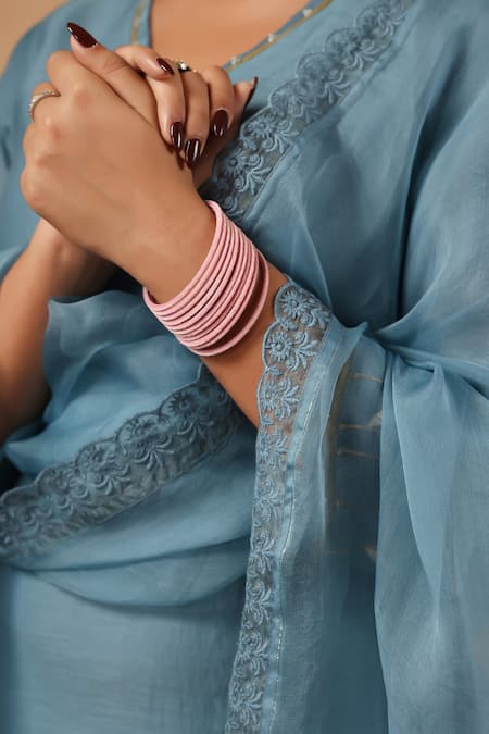 Buy_Anshu Wadhwa_Blue Chanderi, Organza Embroidery, Pearls, Lace V-neck Placement Kurta Set _Online_at_Aza_Fashions