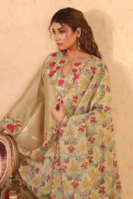 Anshu Wadhwa_Green Chanderi, Organza Embroidery, Foil Printing, Tassels Resham Kurta Set _at_Aza_Fashions