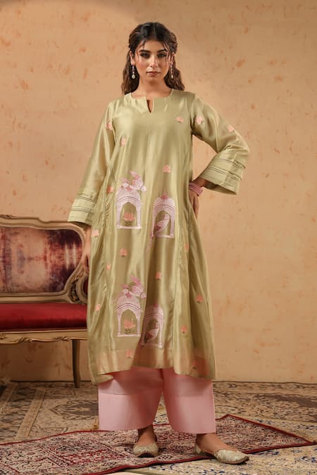 Anshu Wadhwa Chanderi Embroidered Kurta & Palazzo Set 