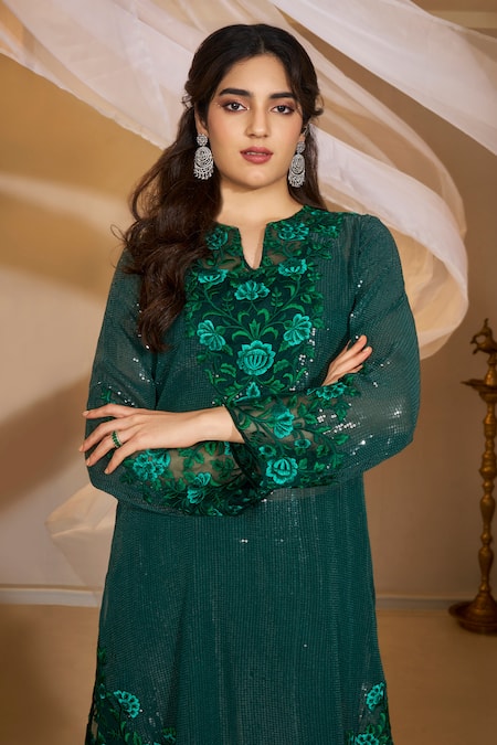 Shop_Rimple Agrawal_Green Georgette, Silk Embroidery, Sequins Split Janvi Floral Tunic Pant Set _Online_at_Aza_Fashions