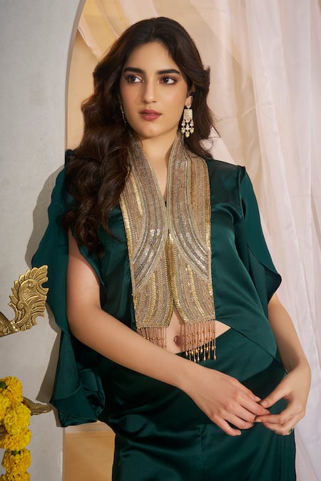 Rimple Agrawal_Green Silk Beads, Sequins Mandakini Frilled Sleeve Tunic And Box Pleated Pant Set _Online_at_Aza_Fashions