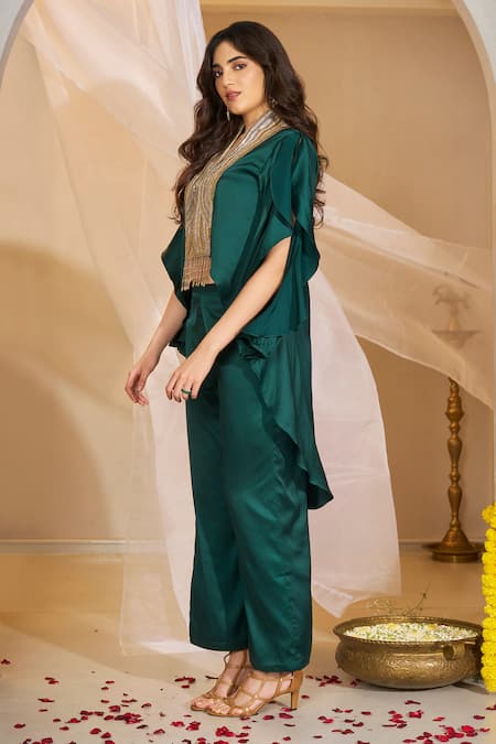 Buy_Rimple Agrawal_Green Silk Beads, Sequins Mandakini Frilled Sleeve Tunic And Box Pleated Pant Set _Online_at_Aza_Fashions