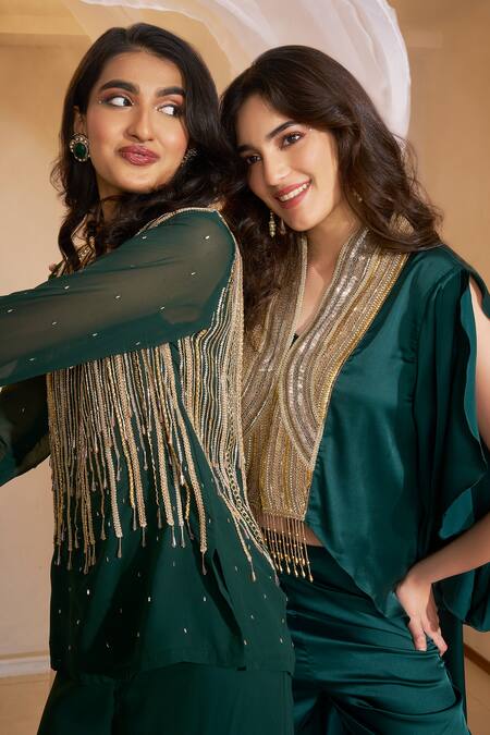 Shop_Rimple Agrawal_Green Silk Beads, Sequins Mandakini Frilled Sleeve Tunic And Box Pleated Pant Set _Online_at_Aza_Fashions