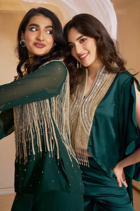 Rimple Agrawal_Green Georgette Chains, Sequins, Beads Alakananda Embellished Tunic With Pant _Online_at_Aza_Fashions