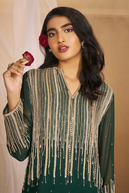 Buy_Rimple Agrawal_Green Georgette Chains, Sequins, Beads Alakananda Embellished Tunic With Pant _Online_at_Aza_Fashions