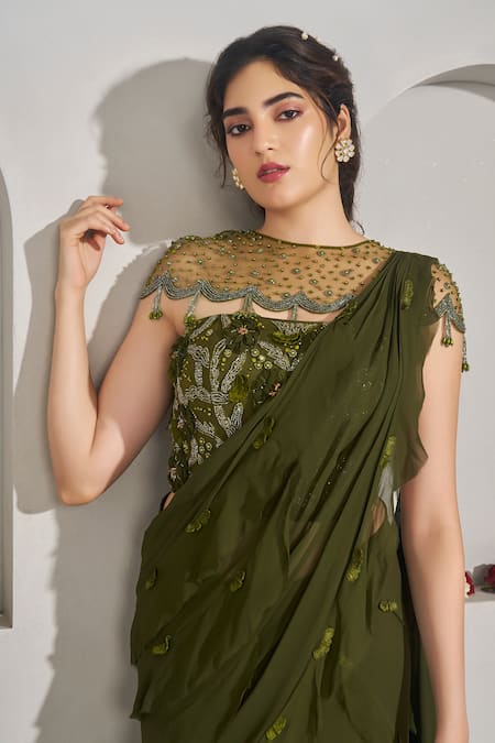 Buy_Rimple Agrawal_Green Georgette, Net Beads, Sequins, Embroidery Vishnupadi Draped Saree Cape Set _Online_at_Aza_Fashions