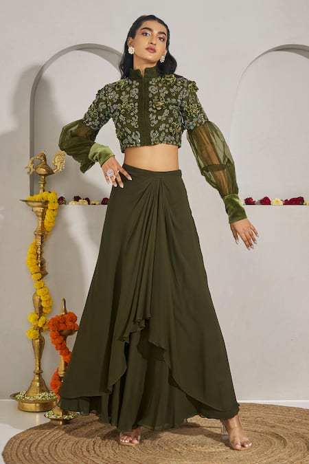 Rimple Agrawal Wildflower Embroidered Blouse & Draped Skirt Set 