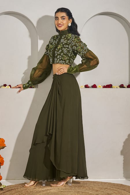 Shop_Rimple Agrawal_Green Organza, Georgette Embroidery, Fabric Flowers Blouse And Draped Skirt Set _Online_at_Aza_Fashions