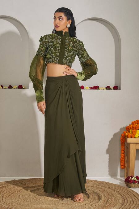 Rimple Agrawal_Green Organza, Georgette Embroidery, Fabric Flowers Blouse And Draped Skirt Set _at_Aza_Fashions