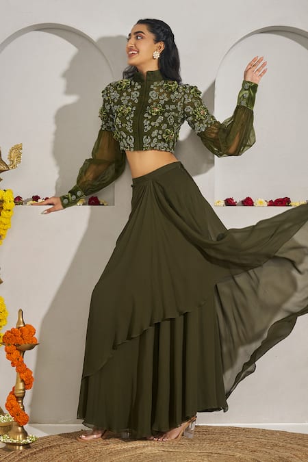 Buy_Rimple Agrawal_Green Organza, Georgette Embroidery, Fabric Flowers Blouse And Draped Skirt Set 